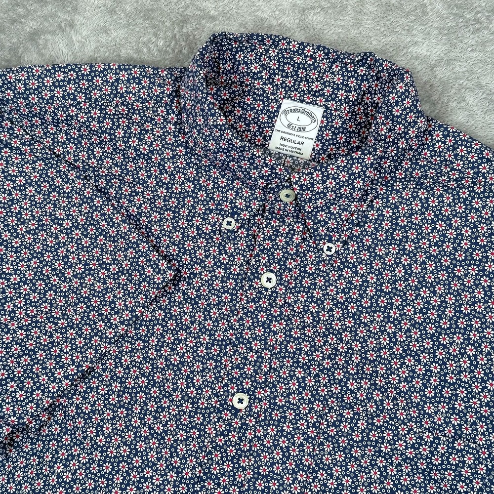 Brooks Brothers Daisy‎ Short Sleeve Button Shirt Mens Large Blue Floral Regular